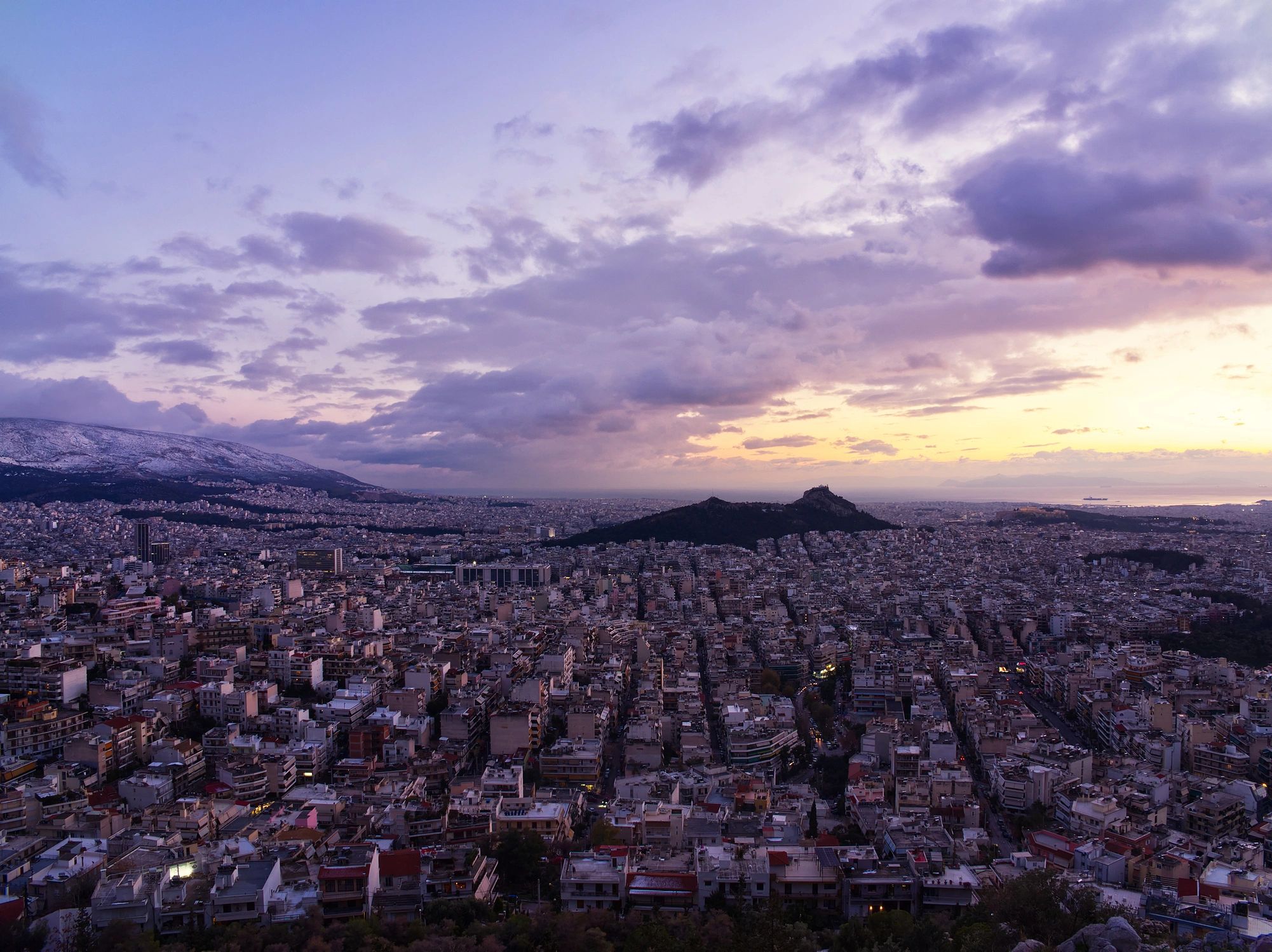 Aerial view of Athens at dusk